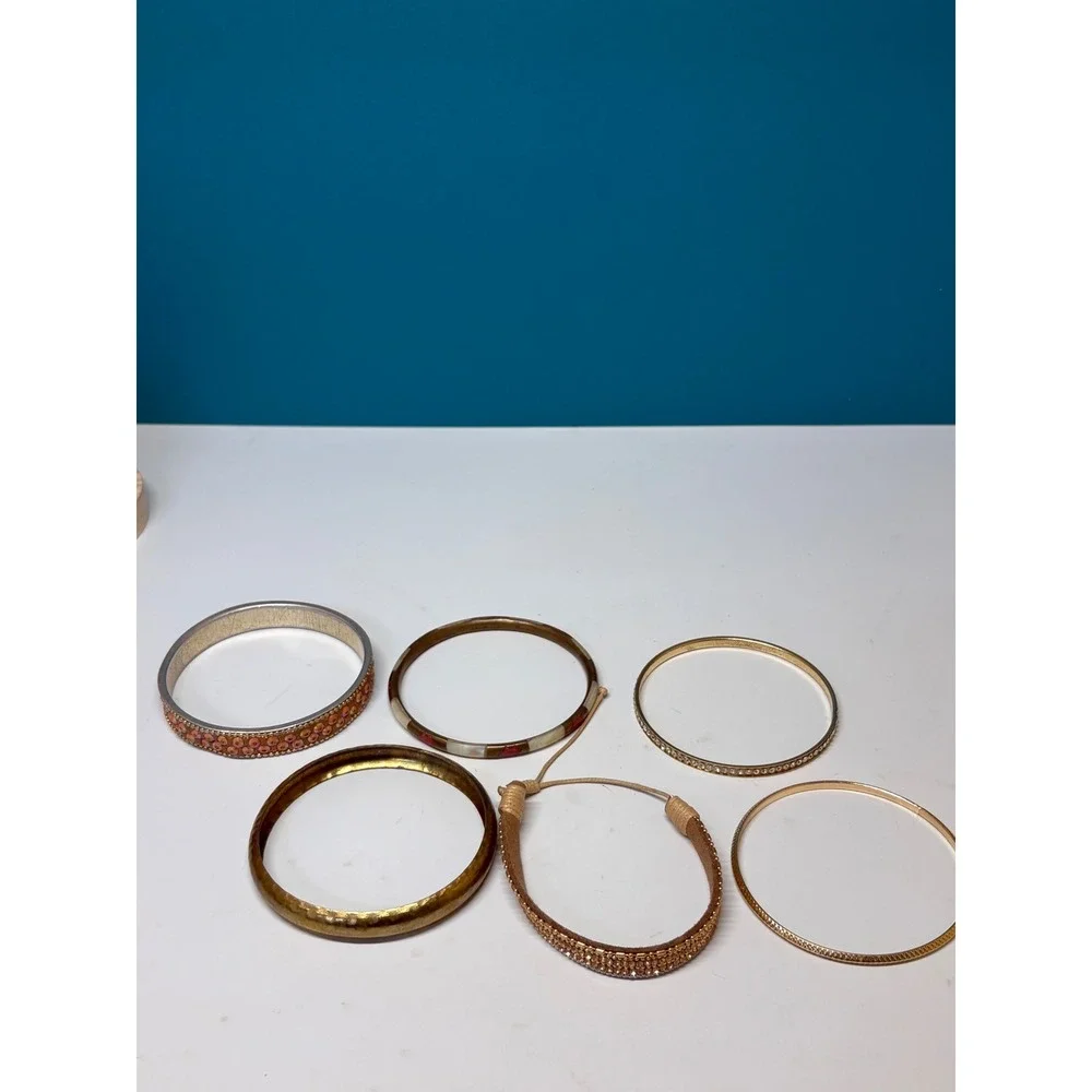 Mixed Gold Tone Boho Bangle Bracelet Set Rhinestone Shell Sequin 6pc Stack